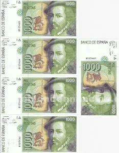 Quinteto billetes de 1000 pesetas