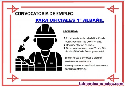 Oferta de trabajo para oficiales 1� alba�il 