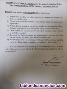 Servicios Legales para la Embajada de Pakist�n