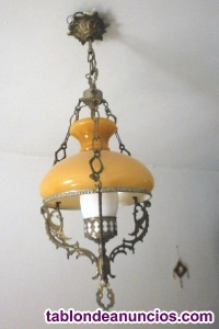 L�mpara quinqu� de techo en bronce con tulipa de cristal - Estilo Colonial