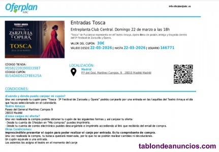 2 entradas opera italiana tosca en teatro amaya (madrid)